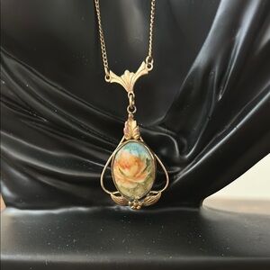 Vintage Elegant Gold Pendant Necklace with Floral Design Hand Painted